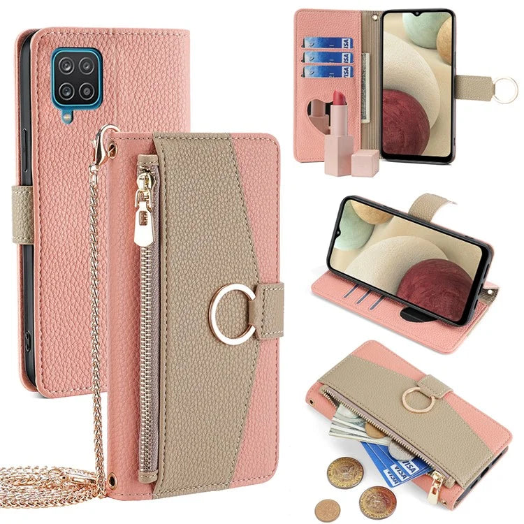 For Samsung Galaxy A12 Magnetic Case Zipper Pocket Wallet Cover with Crossbody Chain Strap