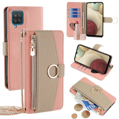 For Samsung Galaxy A12 Magnetic Case Zipper Pocket Wallet Cover with Crossbody Chain Strap