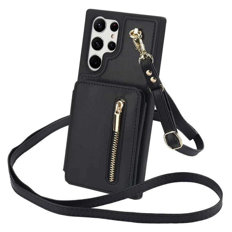 For Samsung Galaxy S23 Ultra Crossbody Case Zipper Card Holder Kickstand Phone Cover
