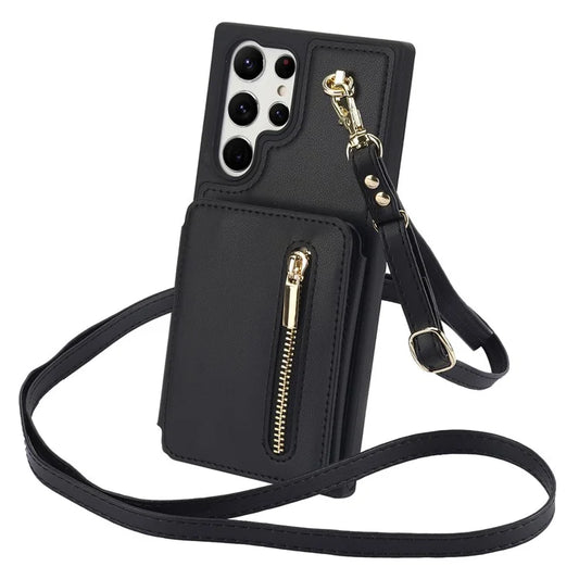 For Samsung Galaxy S23 Ultra Crossbody Case Zipper Card Holder Kickstand Phone Cover
