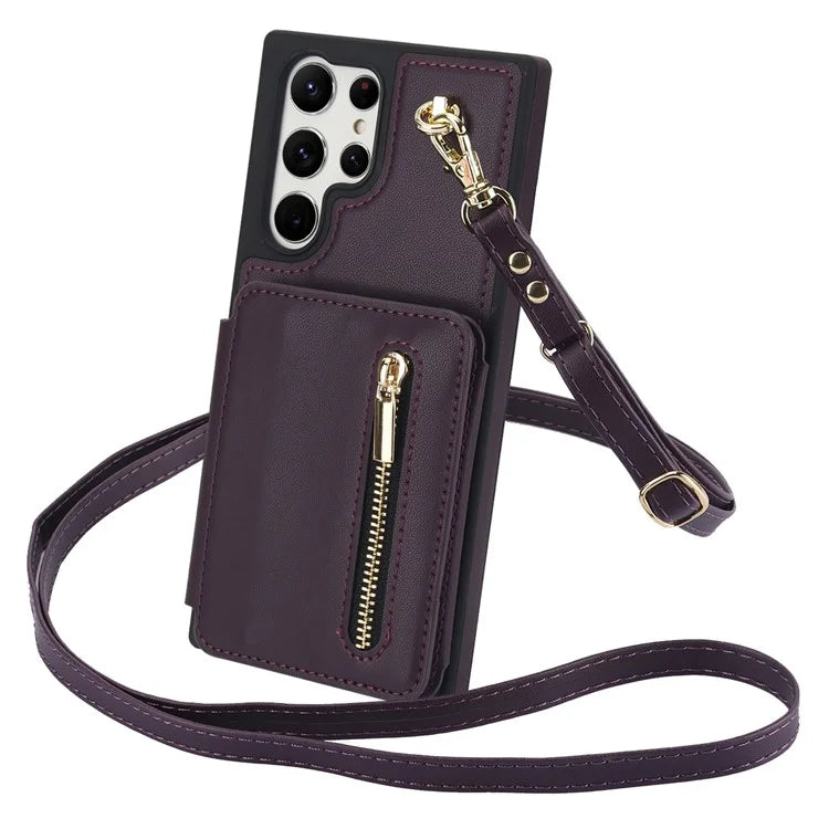 For Samsung Galaxy S23 Ultra Crossbody Case Zipper Card Holder Kickstand Phone Cover