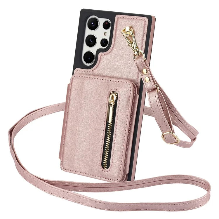 For Samsung Galaxy S23 Ultra Crossbody Case Zipper Card Holder Kickstand Phone Cover