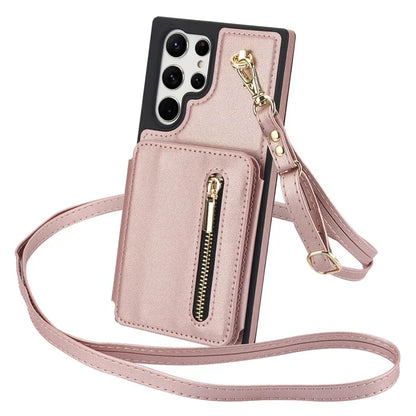 For Samsung Galaxy S23 Ultra Crossbody Case Zipper Card Holder Kickstand Phone Cover