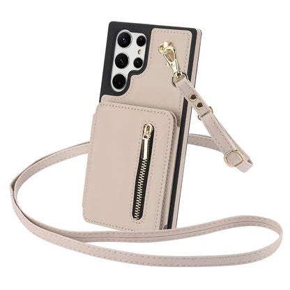 For Samsung Galaxy S23 Ultra Crossbody Case Zipper Card Holder Kickstand Phone Cover