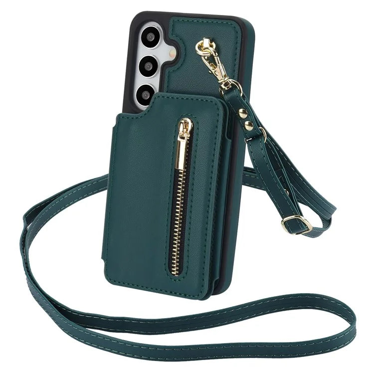 For Samsung Galaxy S24+ Case Zipper PU Leather Card Holder Phone Cover with Crossbody Lanyardish Green