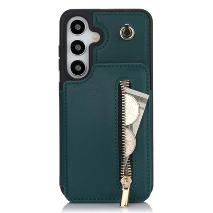 For Samsung Galaxy S24+ Case Zipper PU Leather Card Holder Phone Cover with Crossbody Lanyardish Green