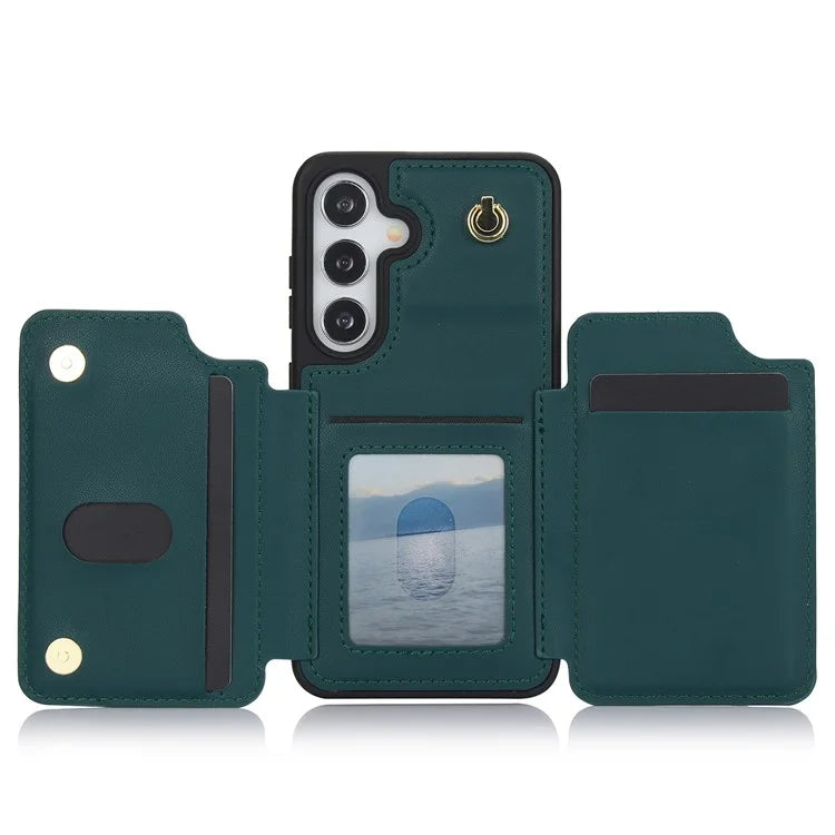 For Samsung Galaxy S24+ Case Zipper PU Leather Card Holder Phone Cover with Crossbody Lanyardish Green