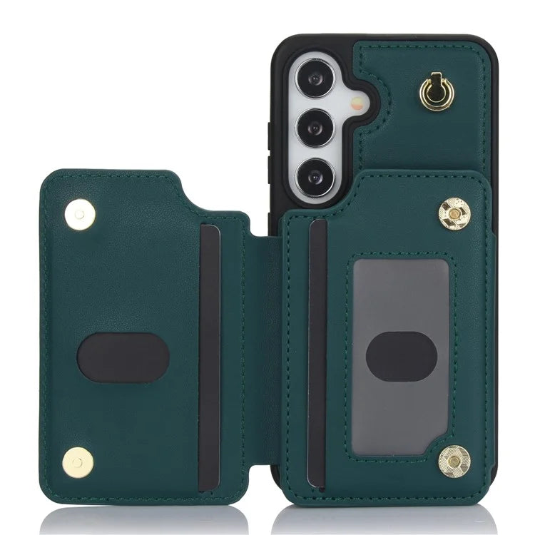 For Samsung Galaxy S24+ Case Zipper PU Leather Card Holder Phone Cover with Crossbody Lanyardish Green