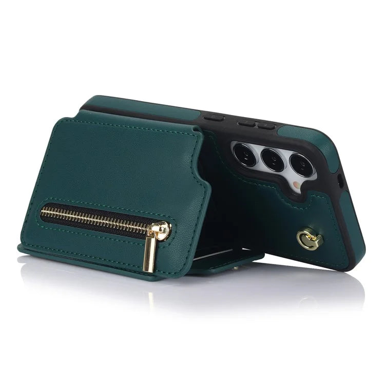 For Samsung Galaxy S24+ Case Zipper PU Leather Card Holder Phone Cover with Crossbody Lanyardish Green