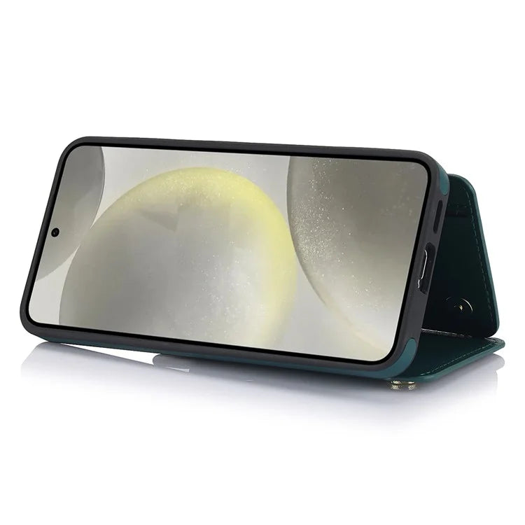 For Samsung Galaxy S24+ Case Zipper PU Leather Card Holder Phone Cover with Crossbody Lanyardish Green