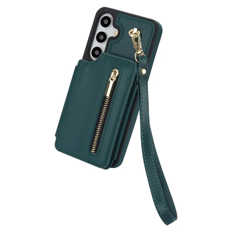 For Samsung Galaxy S24+ Case Zipper PU Leather Card Holder Phone Cover with Crossbody Lanyardish Green