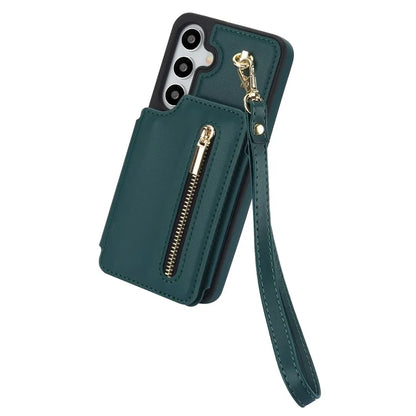 For Samsung Galaxy S24+ Case Zipper PU Leather Card Holder Phone Cover with Crossbody Lanyardish Green