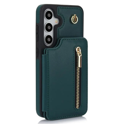For Samsung Galaxy S24+ Case Zipper PU Leather Card Holder Phone Cover with Crossbody Lanyardish Green