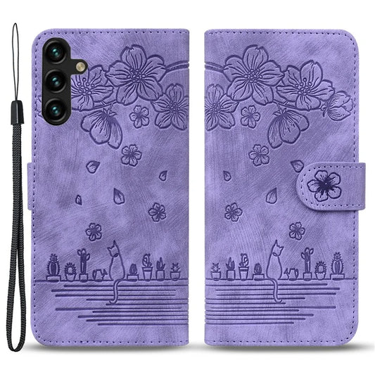 For Samsung Galaxy A25 5G (Global) (161.0 x 76.5 x 8.3mm) Leather Case Flower Cat Pattern Phone Cover Wallet