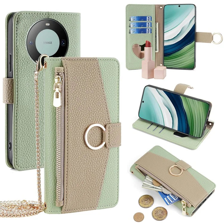 For Huawei Mate 60 Case Wallet Stand PU Leather Phone Bag Cover with Shoulder Strap