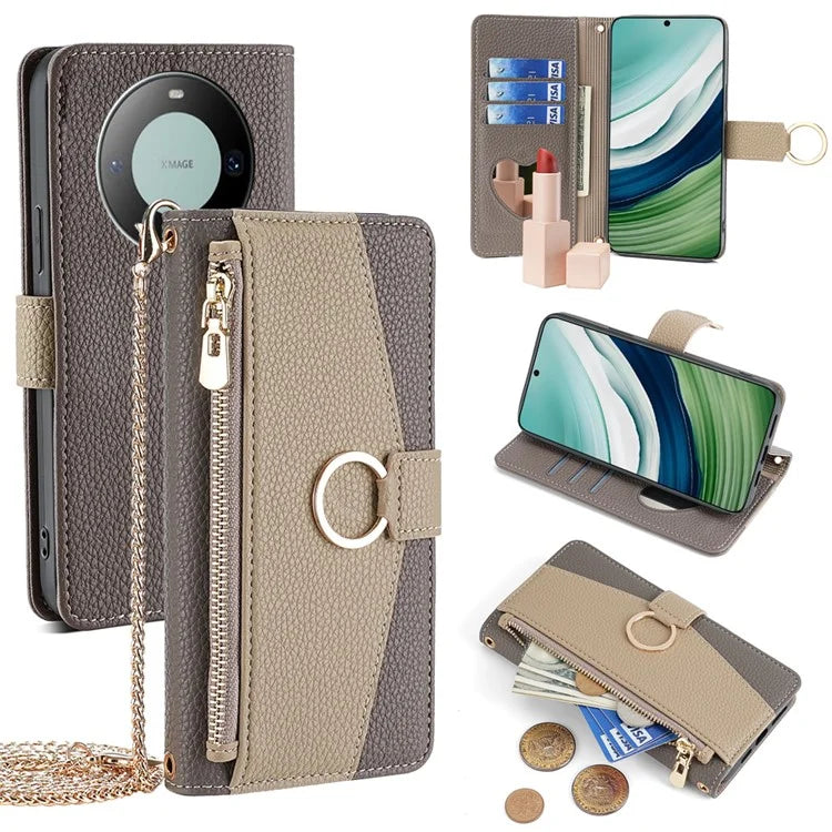 For Huawei Mate 60 Case Wallet Stand PU Leather Phone Bag Cover with Shoulder Strap