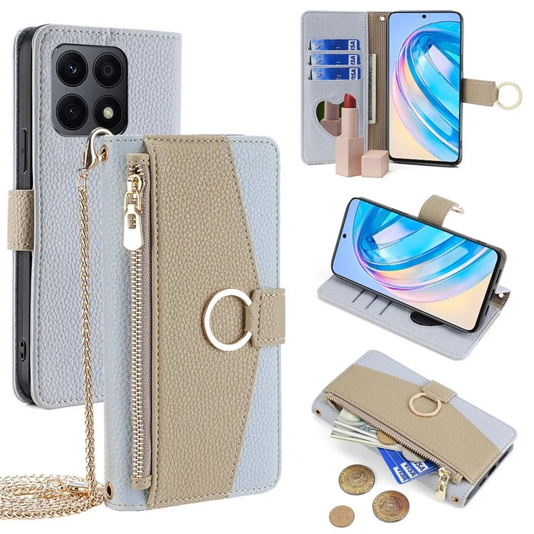 For Honor X8a 4G Crossbody Wallet Case Zipper Pocket PU Leather Phone Cover