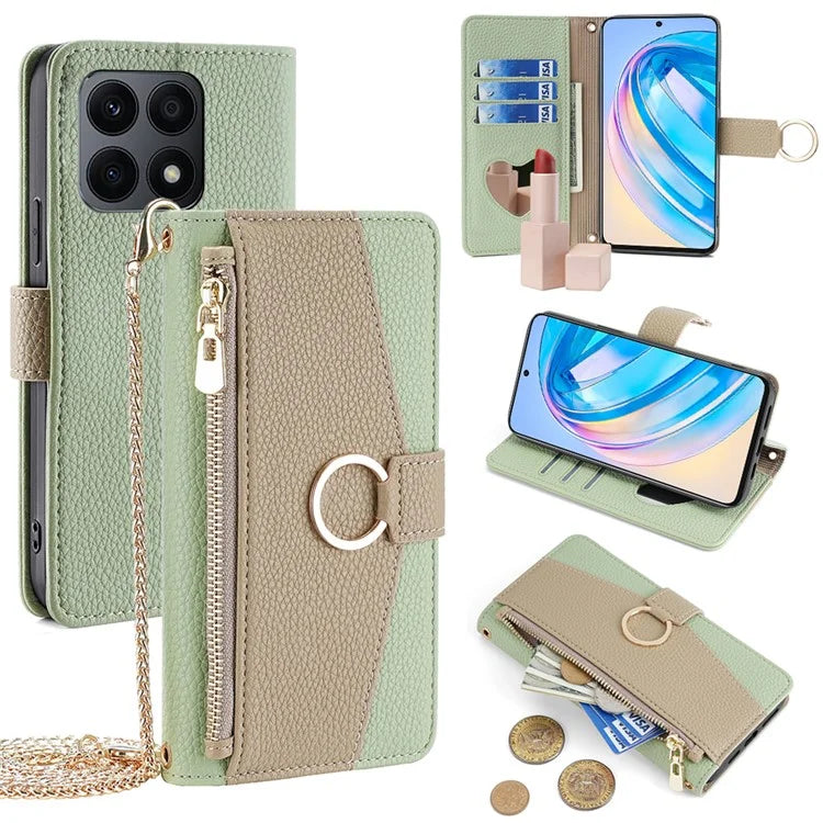 For Honor X8a 4G Crossbody Wallet Case Zipper Pocket PU Leather Phone Cover