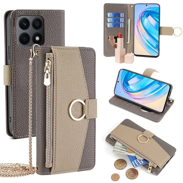 For Honor X8a 4G Crossbody Wallet Case Zipper Pocket PU Leather Phone Cover