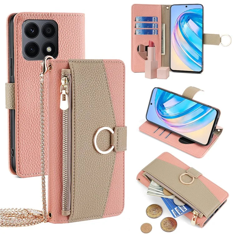 For Honor X8a 4G Crossbody Wallet Case Zipper Pocket PU Leather Phone Cover