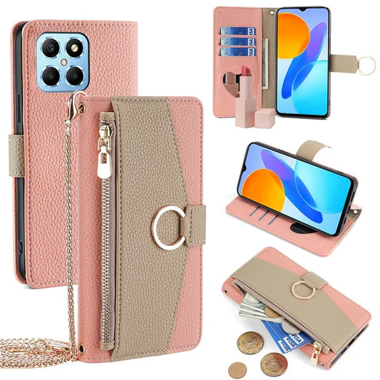 For Honor X8 5G / X6 4G Zipper Phone Case PU Leather Makeup Mirror Cover with Crossbody Strap