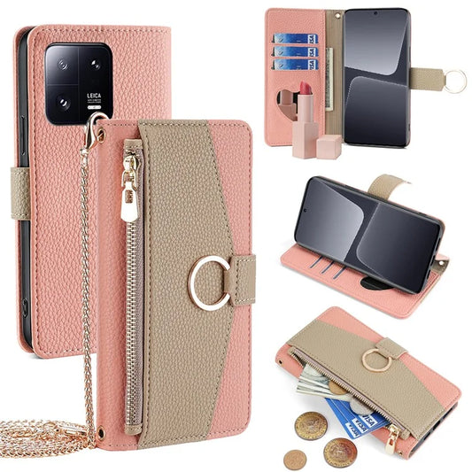 For Xiaomi 13 Pro 5G Leather Case Stand Folio Zipper Phone Cover with Crossbody Strap