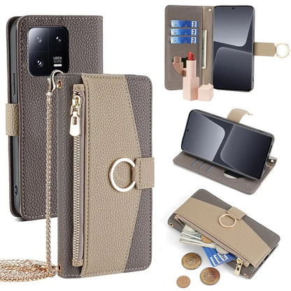 For Xiaomi 13 Pro 5G Leather Case Stand Folio Zipper Phone Cover with Crossbody Strap