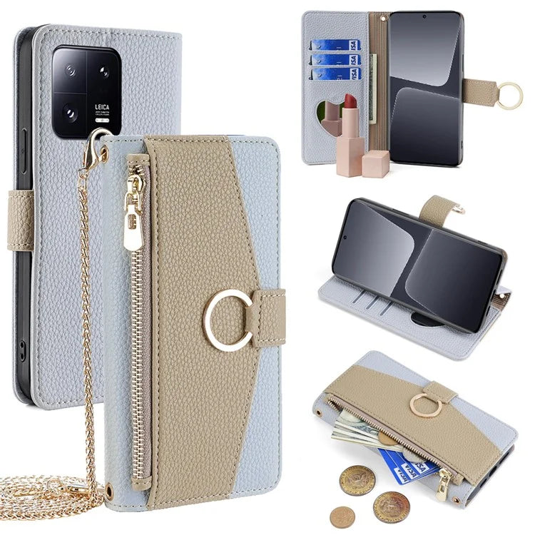 For Xiaomi 13 Pro 5G Leather Case Stand Folio Zipper Phone Cover with Crossbody Strap