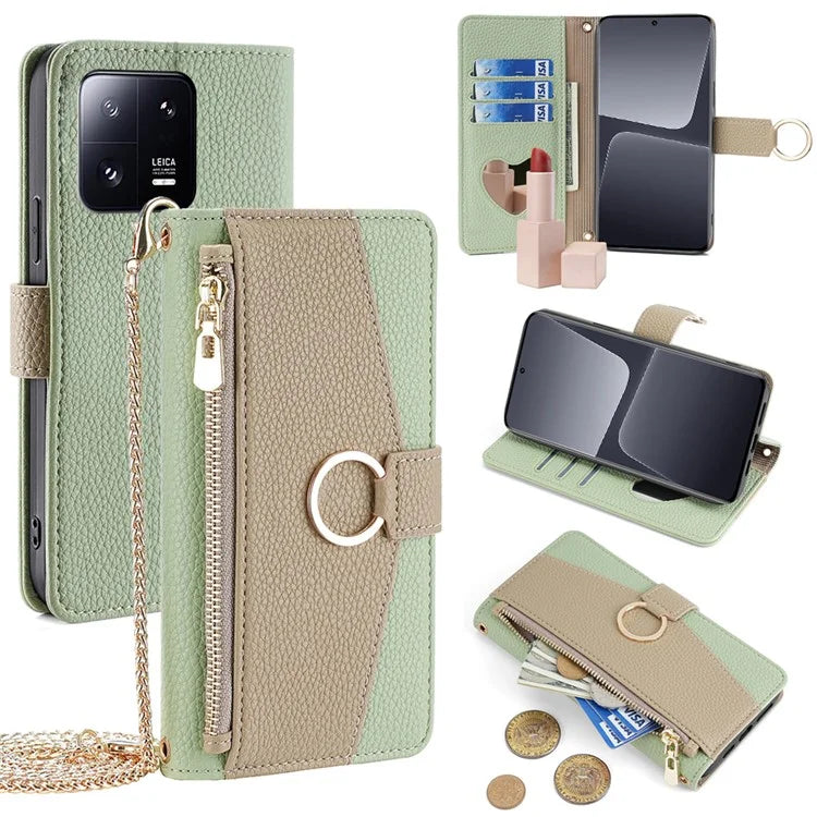 For Xiaomi 13 Pro 5G Leather Case Stand Folio Zipper Phone Cover with Crossbody Strap