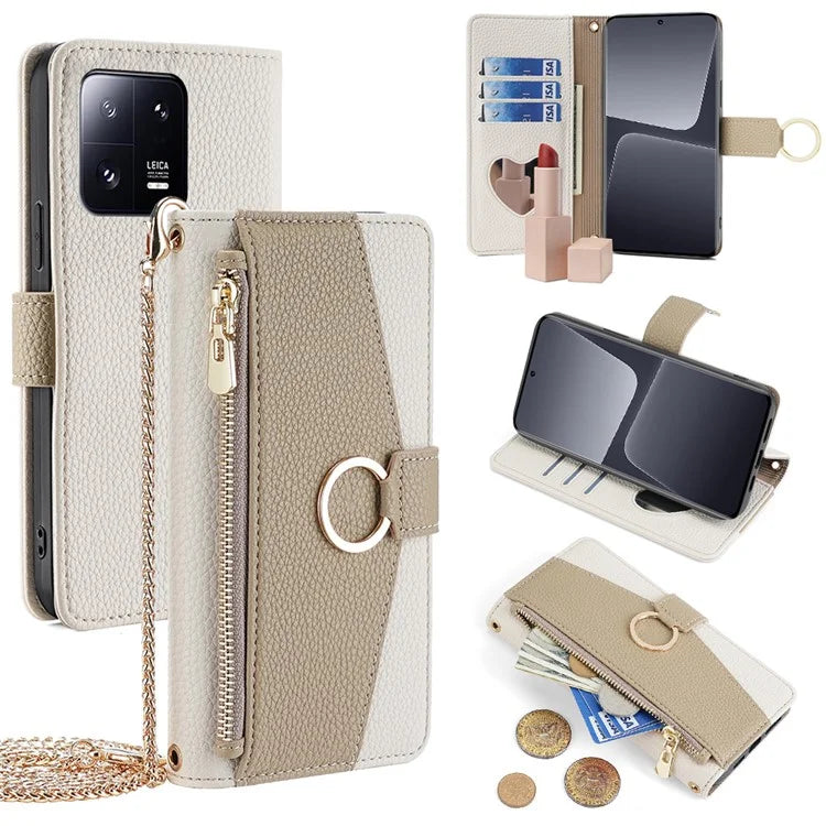 For Xiaomi 13 Pro 5G Leather Case Stand Folio Zipper Phone Cover with Crossbody Strap