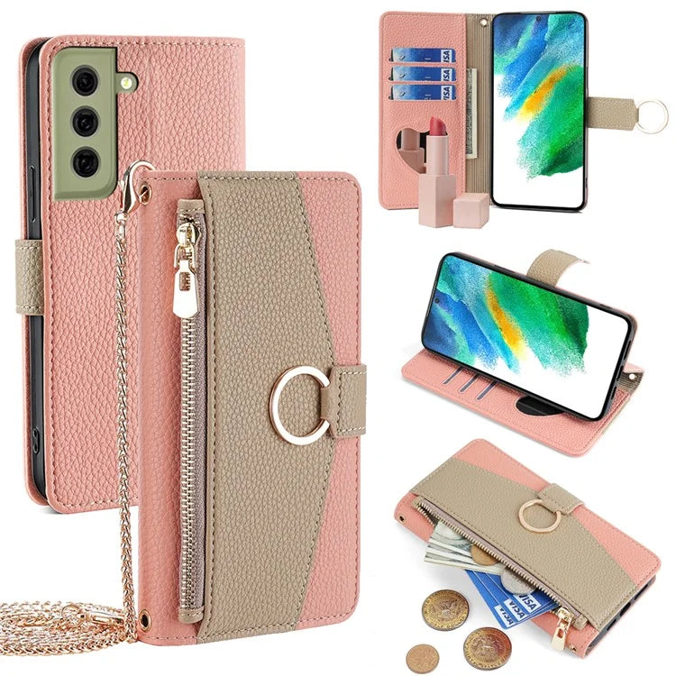 For Samsung Galaxy S21 FE 5G Wallet Phone Case with Crossbody Lanyard Zipper Leather Cover