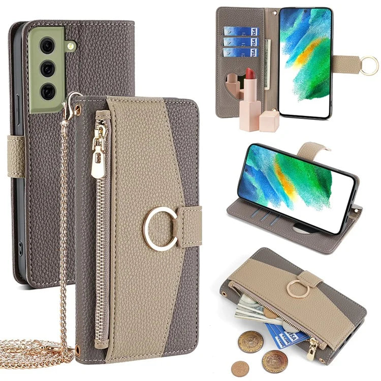 For Samsung Galaxy S21 FE 5G Wallet Phone Case with Crossbody Lanyard Zipper Leather Cover