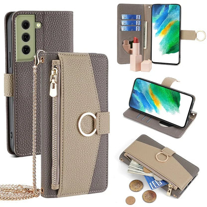 For Samsung Galaxy S21 FE 5G Wallet Phone Case with Crossbody Lanyard Zipper Leather Cover