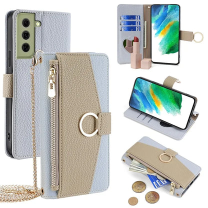 For Samsung Galaxy S21 FE 5G Wallet Phone Case with Crossbody Lanyard Zipper Leather Cover