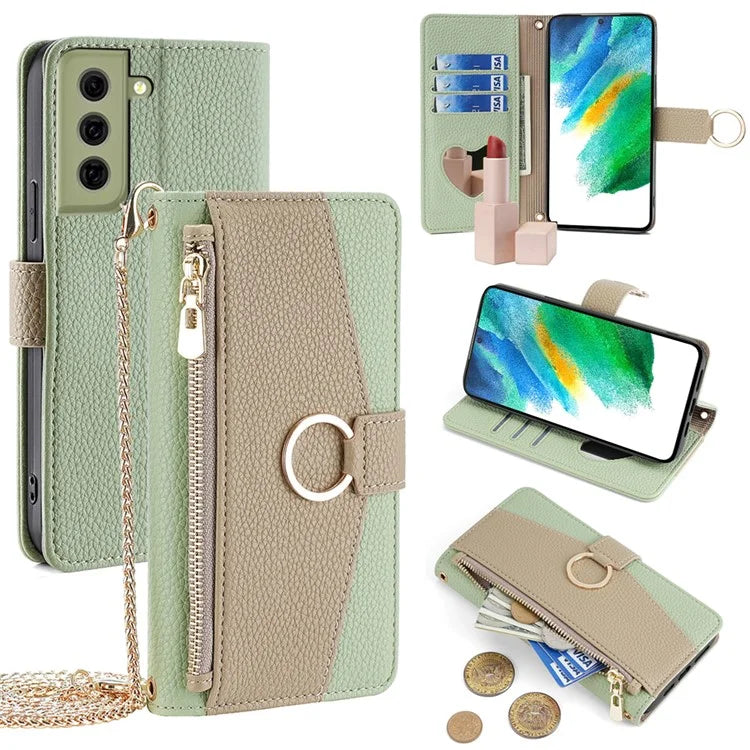 For Samsung Galaxy S21 FE 5G Wallet Phone Case with Crossbody Lanyard Zipper Leather Cover