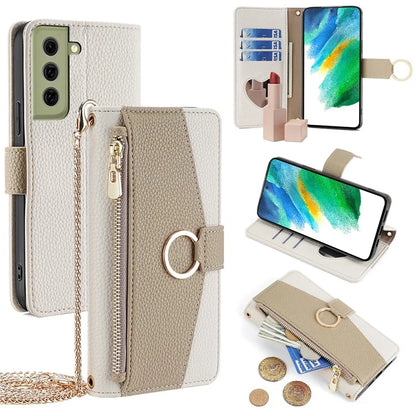 For Samsung Galaxy S21 FE 5G Wallet Phone Case with Crossbody Lanyard Zipper Leather Cover