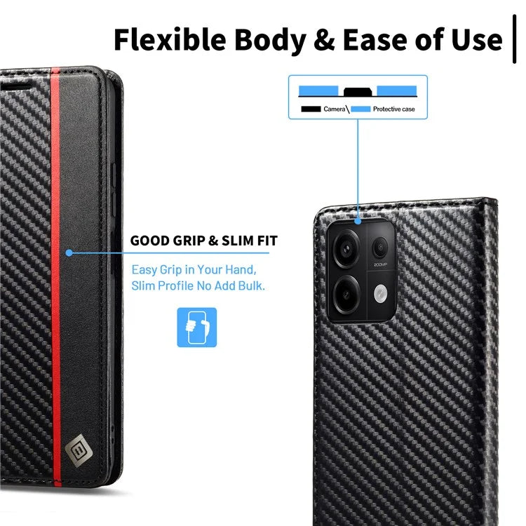 LC.IMEEKE For Xiaomi Redmi Note 13 5G Case Carbon Fiber Texture PU Leather Flip Stand Cover