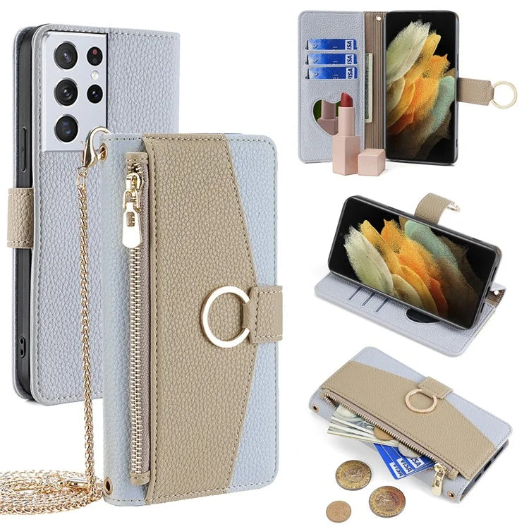 For Samsung Galaxy S21 Ultra 5G Phone Case PU Leather Zipper Makeup Mirror Wallet Cover