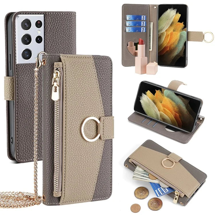 For Samsung Galaxy S21 Ultra 5G Phone Case PU Leather Zipper Makeup Mirror Wallet Cover