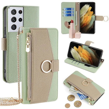 For Samsung Galaxy S21 Ultra 5G Phone Case PU Leather Zipper Makeup Mirror Wallet Cover