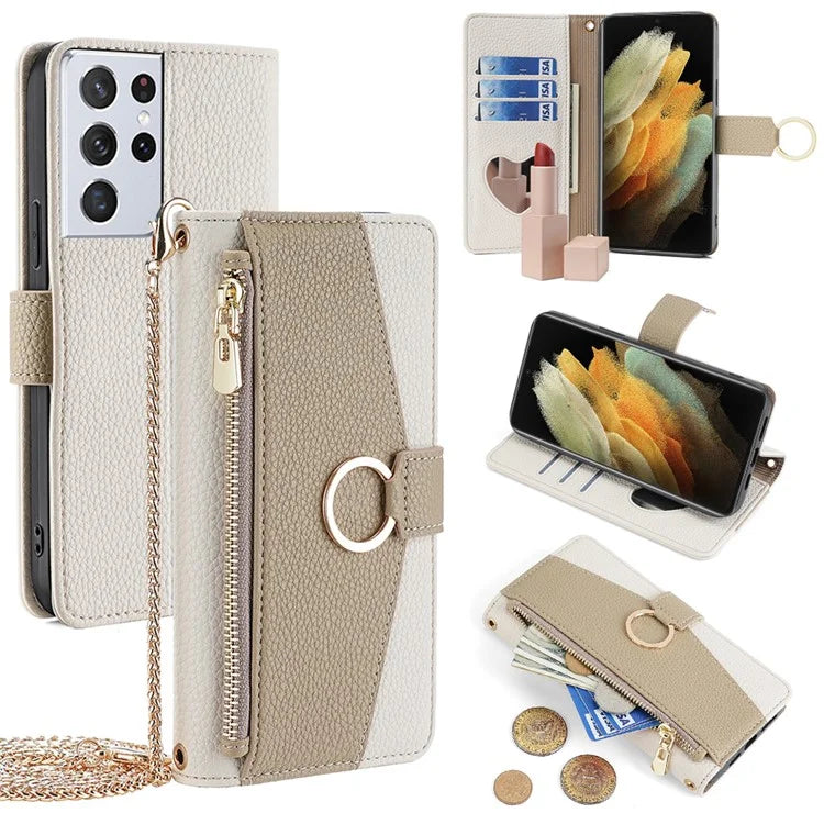 For Samsung Galaxy S21 Ultra 5G Phone Case PU Leather Zipper Makeup Mirror Wallet Cover