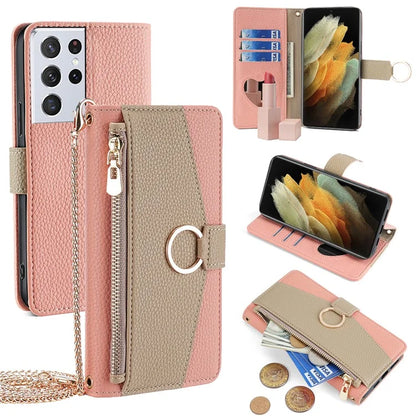 For Samsung Galaxy S21 Ultra 5G Phone Case PU Leather Zipper Makeup Mirror Wallet Cover