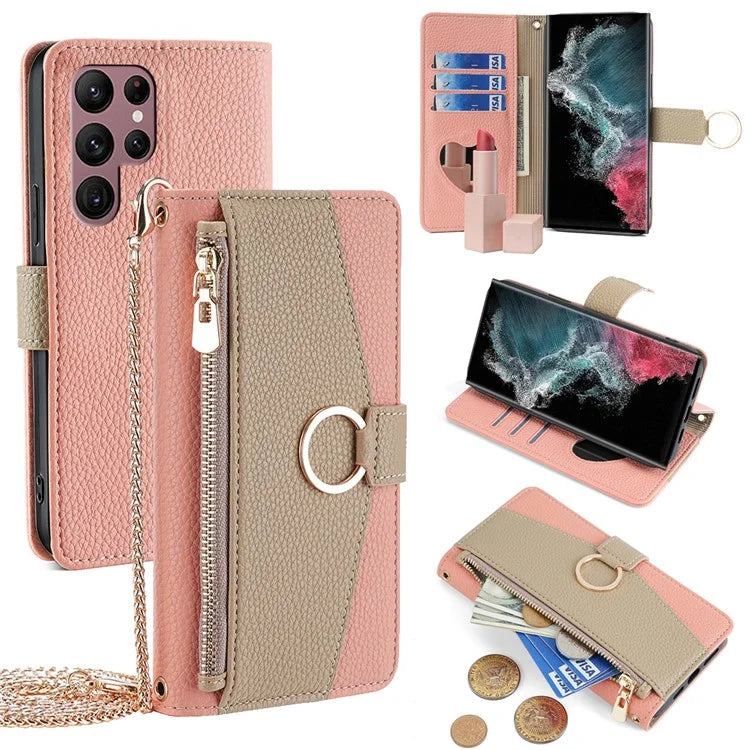 For Samsung Galaxy S22 Ultra 5G Case Crossbody Zipper Leather Wallet Phone Cover