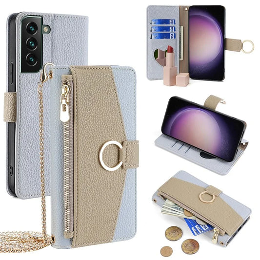 For Samsung Galaxy S23 FE Case PU Leather Zipper Pocket Crossbody Phone Pouch Cover