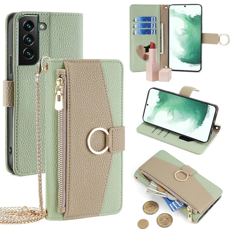 For Samsung Galaxy S22 5G Crossbody Case PU Leather Stand Wallet Phone Cover Zipper Pocket