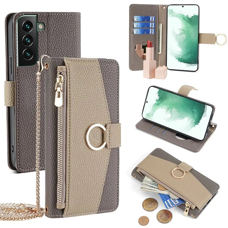 For Samsung Galaxy S22 5G Crossbody Case PU Leather Stand Wallet Phone Cover Zipper Pocket