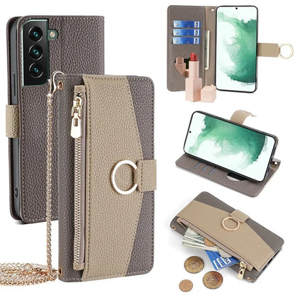 For Samsung Galaxy S22 5G Crossbody Case PU Leather Stand Wallet Phone Cover Zipper Pocket