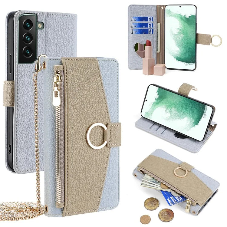For Samsung Galaxy S22 5G Crossbody Case PU Leather Stand Wallet Phone Cover Zipper Pocket