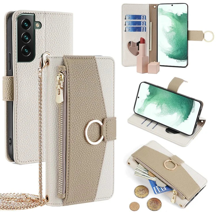 For Samsung Galaxy S22 5G Crossbody Case PU Leather Stand Wallet Phone Cover Zipper Pocket