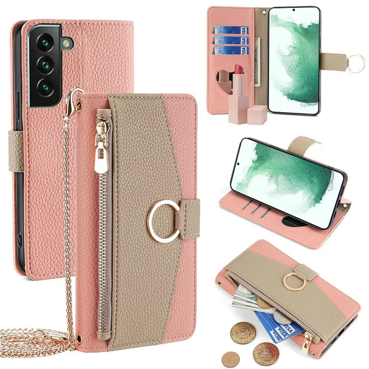 For Samsung Galaxy S22 5G Crossbody Case PU Leather Stand Wallet Phone Cover Zipper Pocket